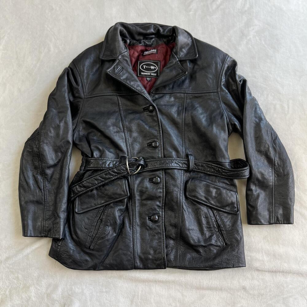 Vintage Tannery West Coat Womens Large Black Leather Belted Thinsulate Midlength